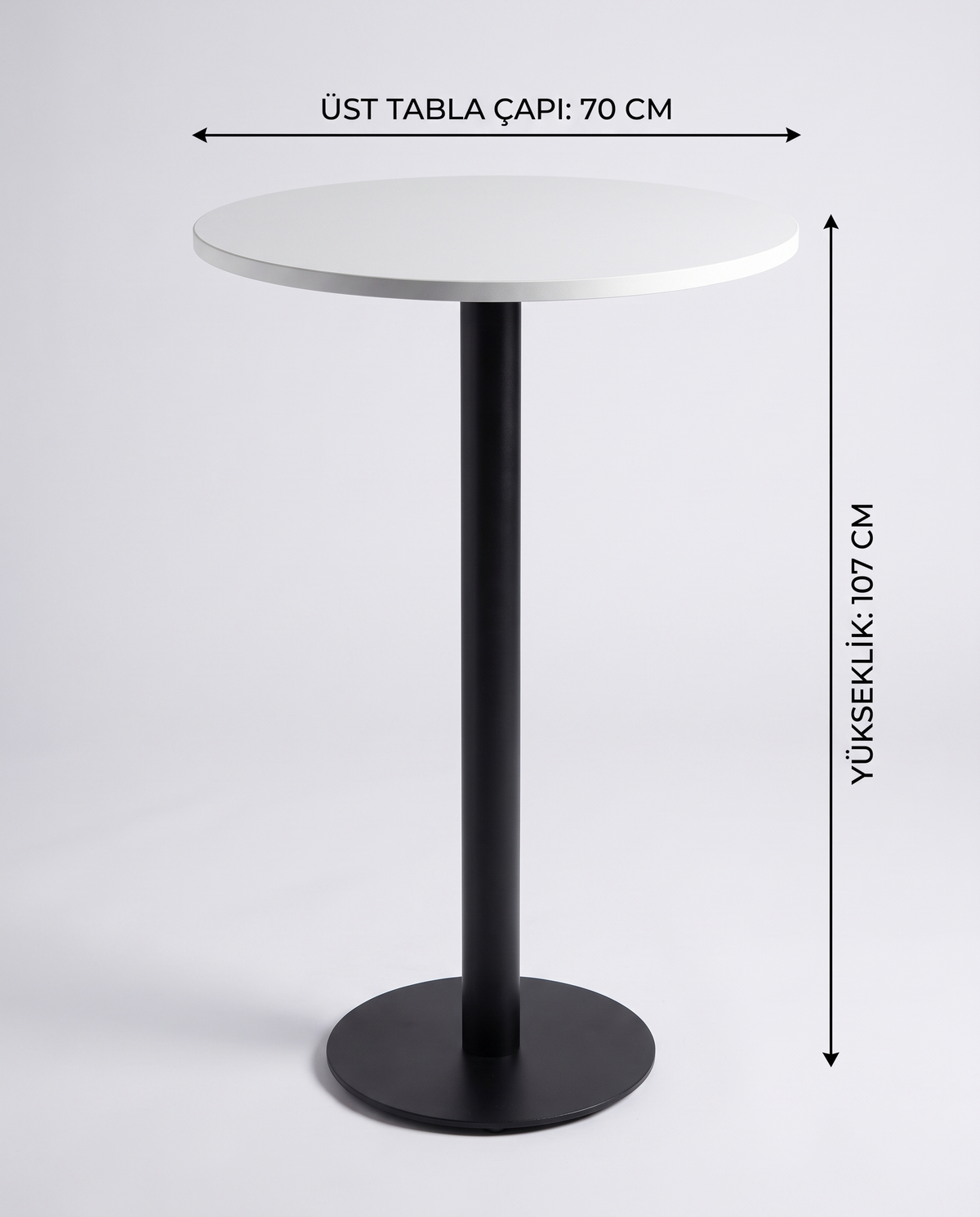 Çağlar Metal Kokteyl Bistro Masa 70 cm Tabla Çapı 107 cm Yükseklik MDF Lam Üst Tabla Metal Ayak Bar Masası