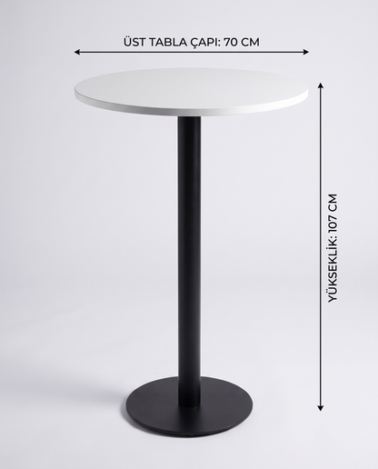 Çağlar Metal Kokteyl Bistro Masa 70 cm Tabla Çapı 107 cm Yükseklik MDF Lam Üst Tabla Metal Ayak Bar Masası